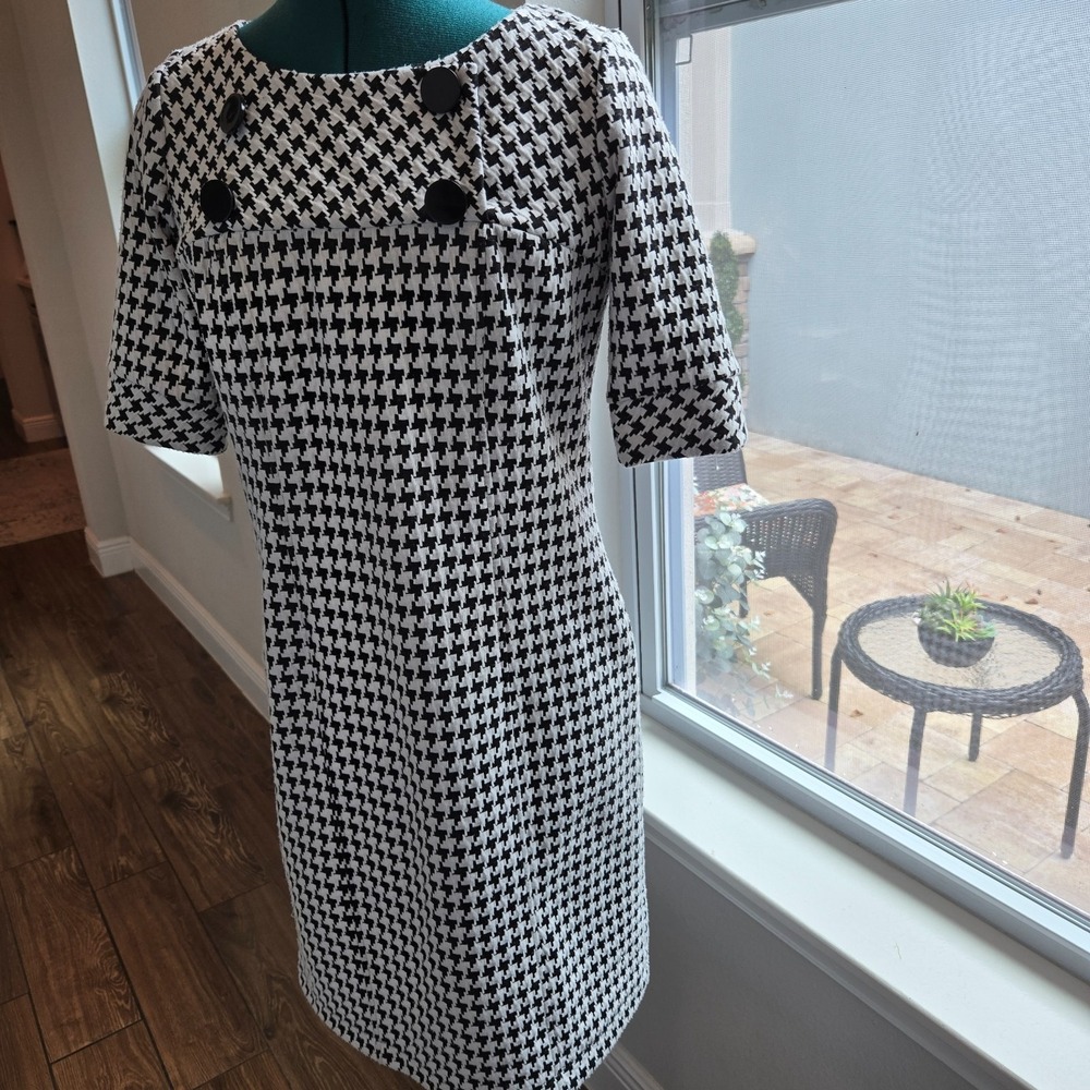 Rabbit Rabbit Rabbit Dress Womens 6 Black White Houndstooth 60s Sheath